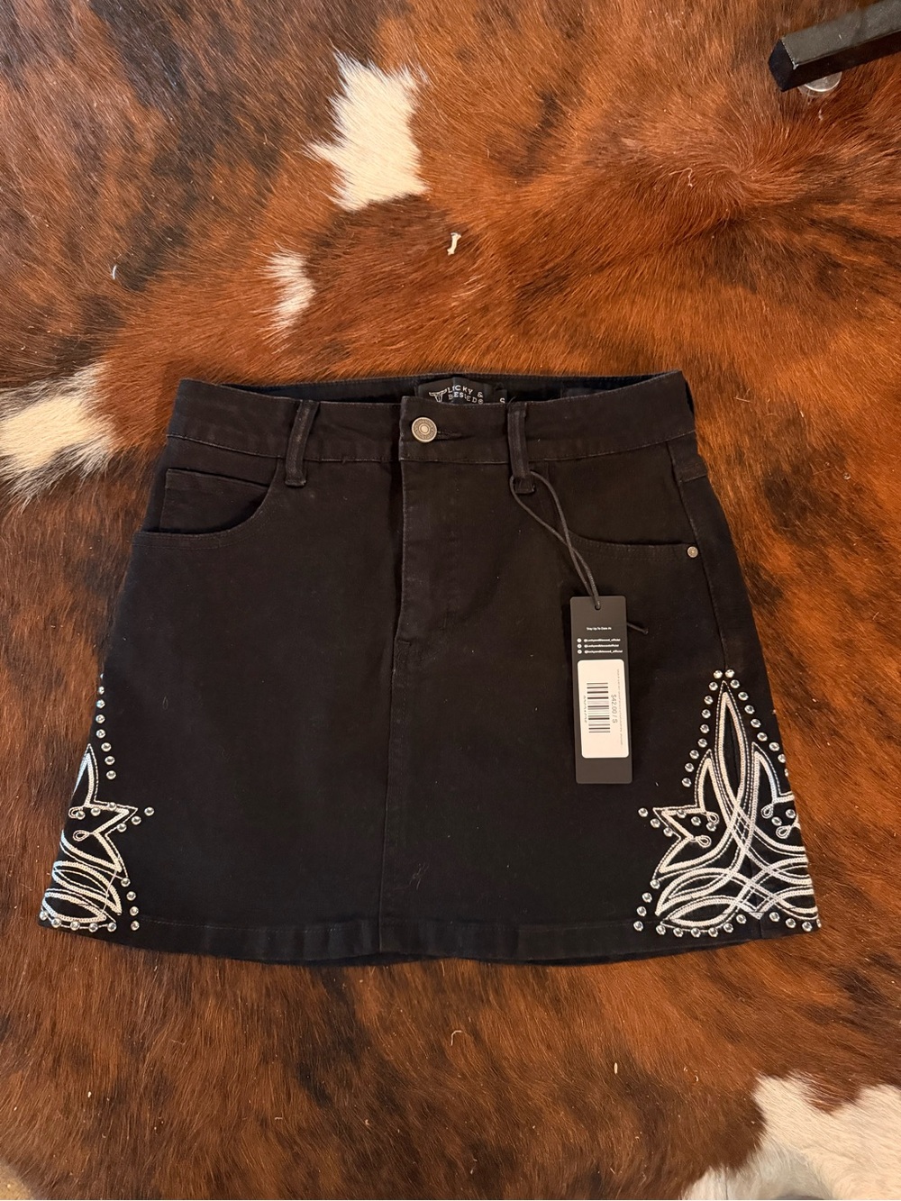 Lucky and Blessed Black Embroidered Stud-Accent Mini Skirt